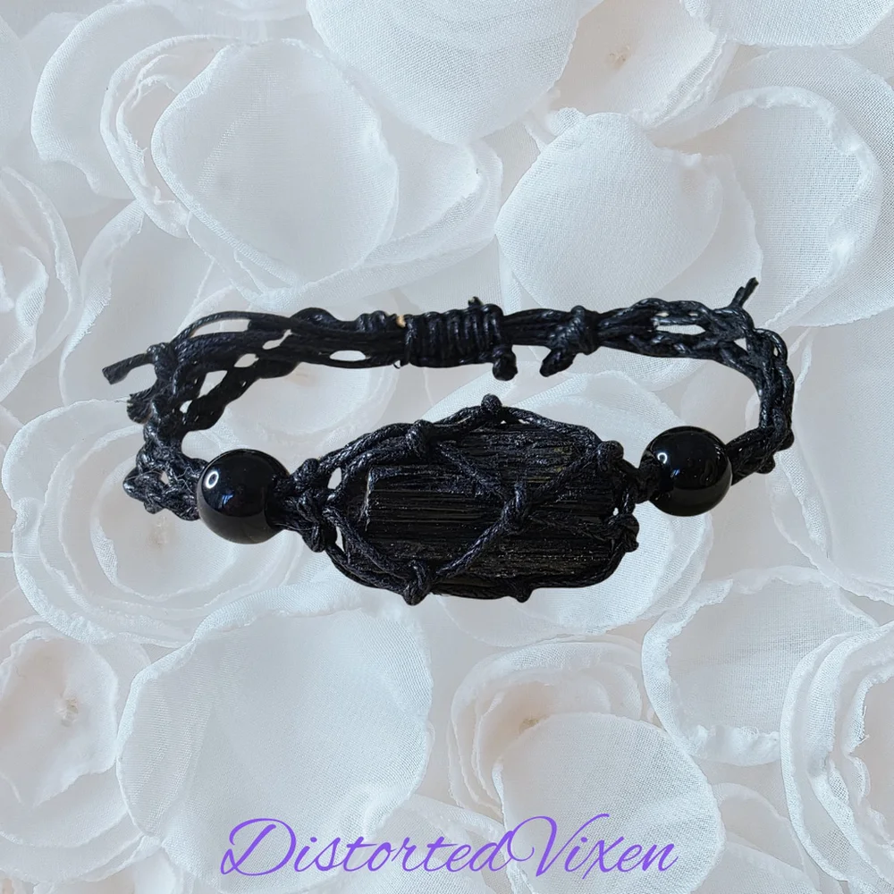 Black Tourmaline Macramé Bracelet, Raw Crystal Protection Bracelet, Grounding St - Picture 1 of 6
